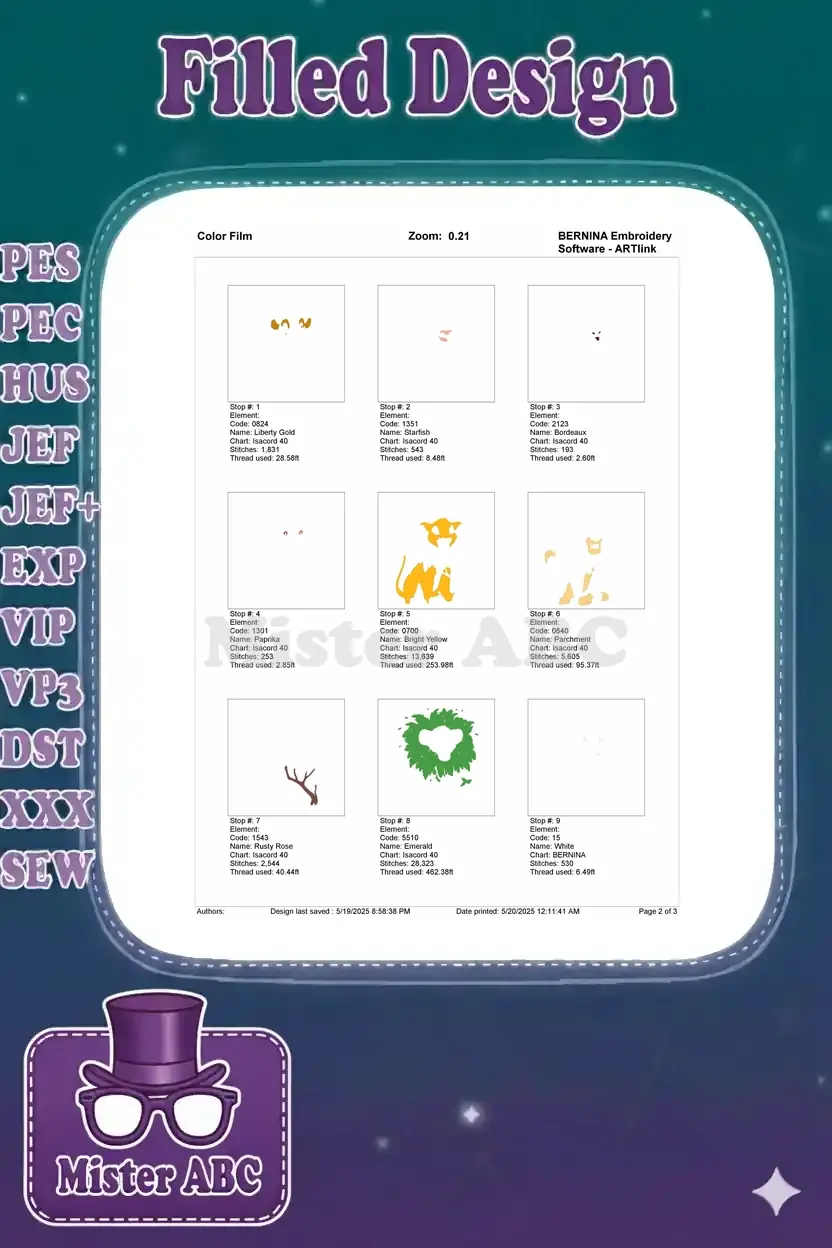 First page of the embroidery color film, illustrating the stitch sequence for the initial 6 colors.