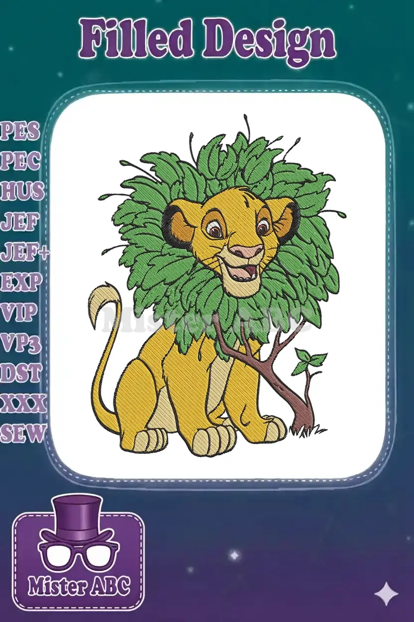 Vibrant embroidery design of a cheerful young lion, Simba, with a lush green leafy mane, sitting playfully.