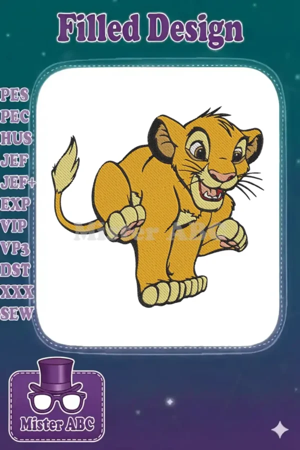 A vibrant, playful embroidery design of young Simba from Disney's The Lion King, crouching and smiling.