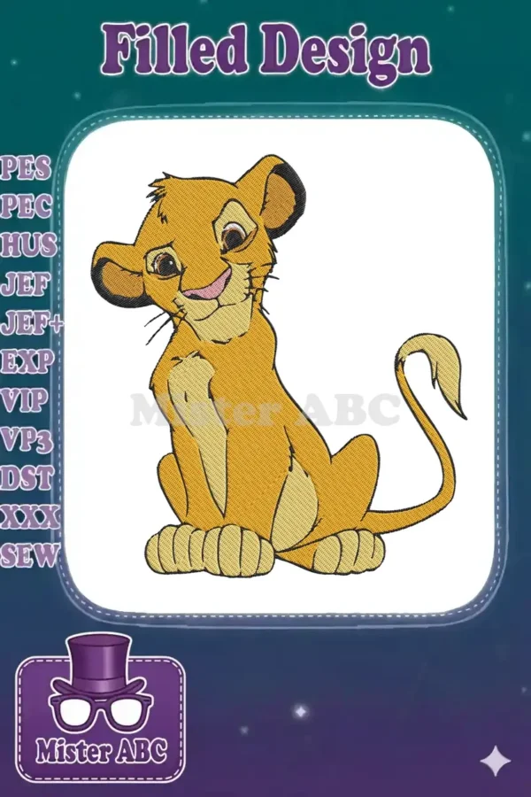 Adorable embroidered Simba cub from The Lion King, perfect for children's apparel, bags, and nursery decor.