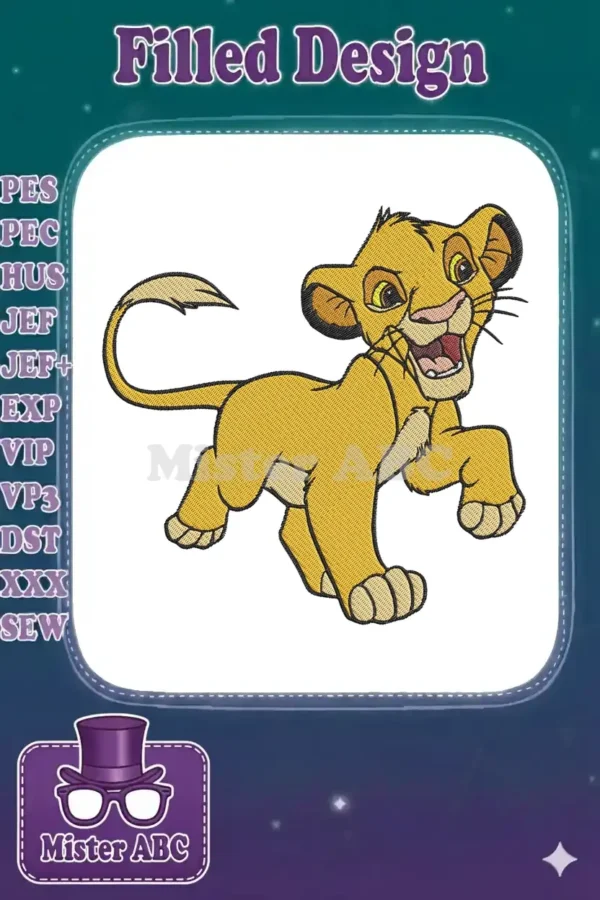 A vibrant embroidery design featuring a playful young Simba from The Lion King, captured mid-stride with a happy expression.