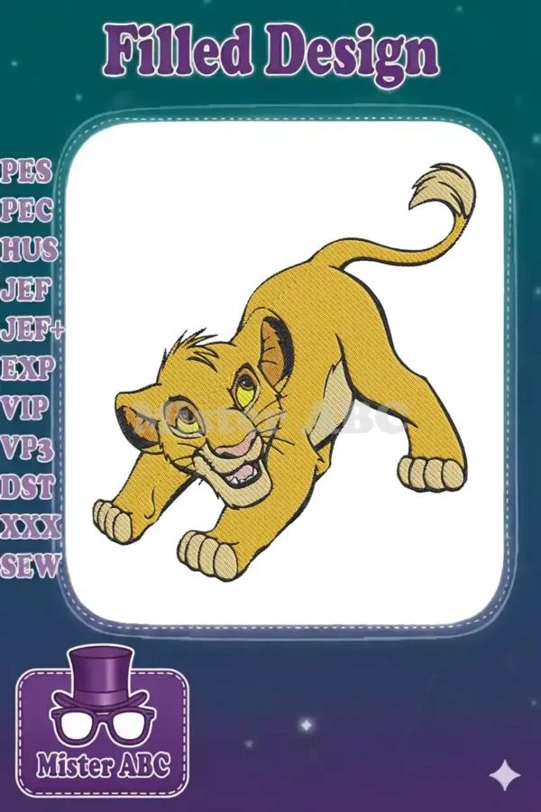 A vibrant embroidery design of young Simba from The Lion King, captured mid-pounce with a playful expression.