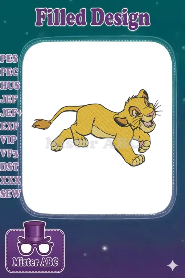 A vibrant embroidery design of a young, golden-yellow lion cub, Simba, running dynamically with a playful expression.