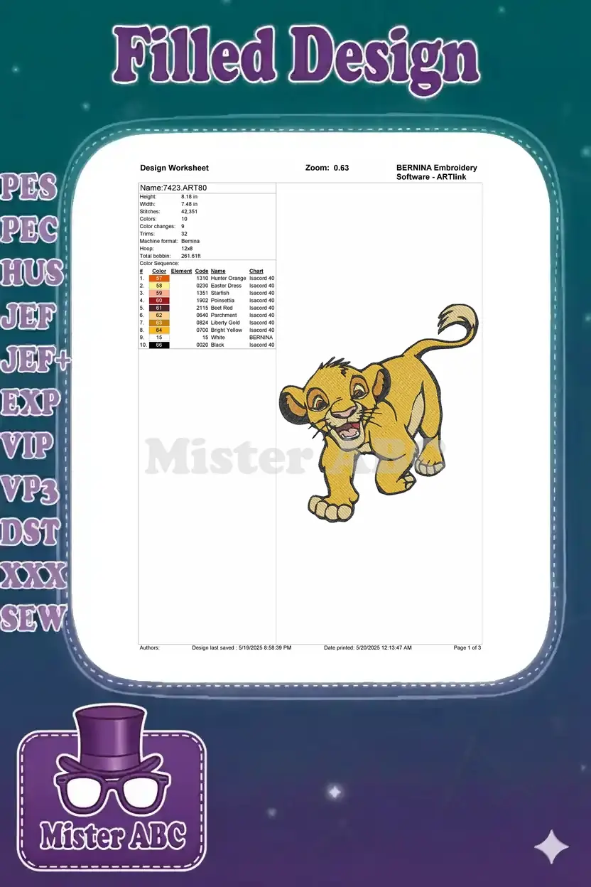 Embroidery design worksheet for Simba, showing dimensions, stitch count, color chart, and a preview of the design.