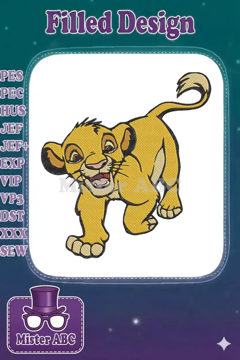 Vibrant embroidery design of young Simba from The Lion King, captured in a playful, walking pose with a joyful expression.
