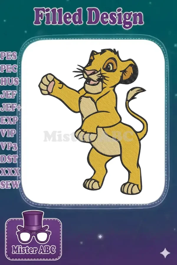 Vibrant embroidery design of young Simba from The Lion King, captured in a playful, pouncing pose with textured fill stitches.