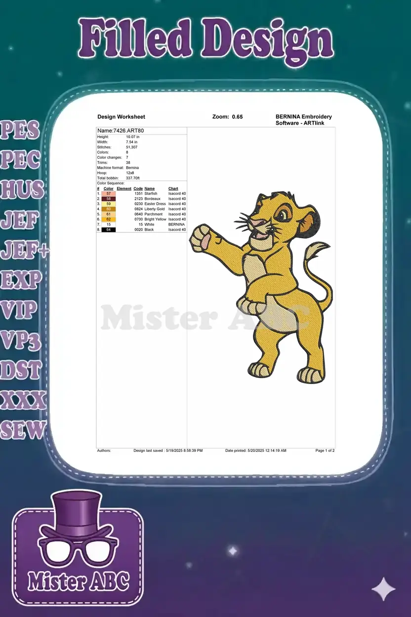 Detailed embroidery design worksheet for Simba, showing dimensions, stitch count, color sequence, and thread brands.