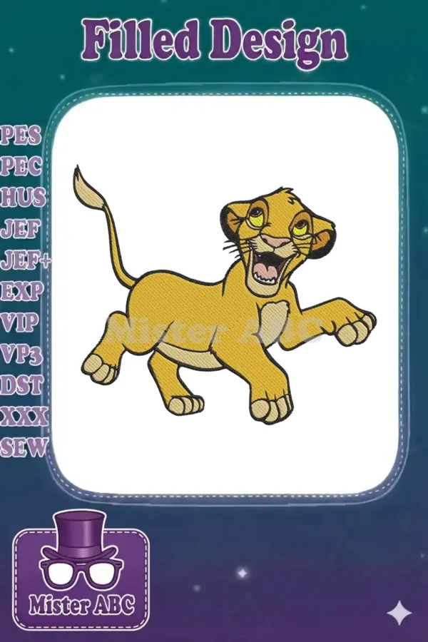 Vibrant embroidery design featuring young Simba from The Lion King, captured mid-pounce with a joyful expression.