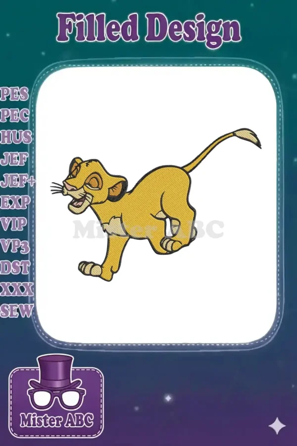 Vibrant embroidery of young Simba from The Lion King, captured mid-run with playful energy and detailed stitching.