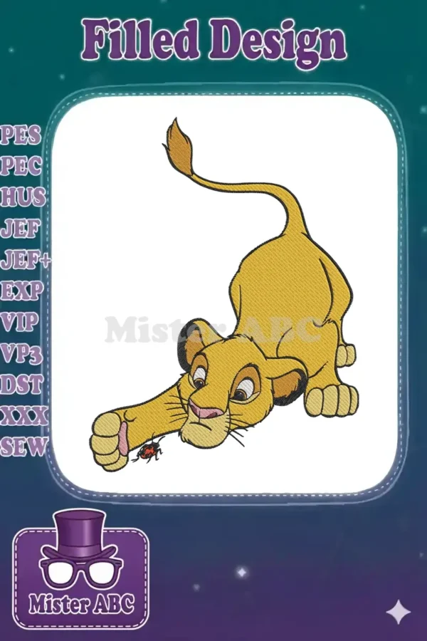 Young Simba embroidery design, stretching playfully with a beetle, featuring vibrant gold and brown fill stitches.