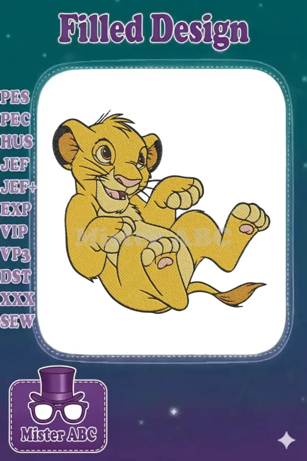 A vibrant embroidery design featuring young Simba from Disney's Lion King, playfully lying down on his back.