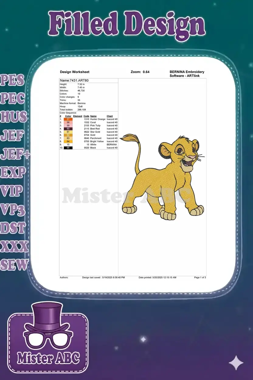 An embroidery design worksheet for Simba, detailing dimensions, stitch count, color changes, and machine information.