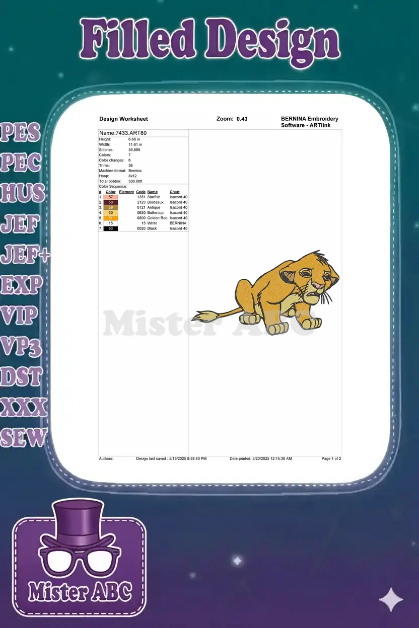 Embroidery design worksheet for Simba, showing dimensions, stitch count, color sequence, and thread details.