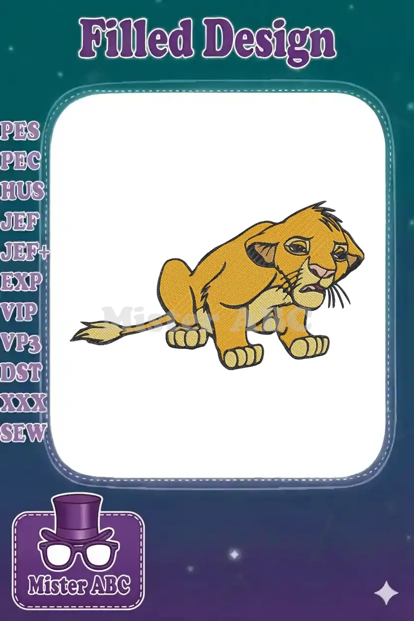 Adorable embroidery design of young Simba from The Lion King, looking thoughtful, with detailed satin stitching.