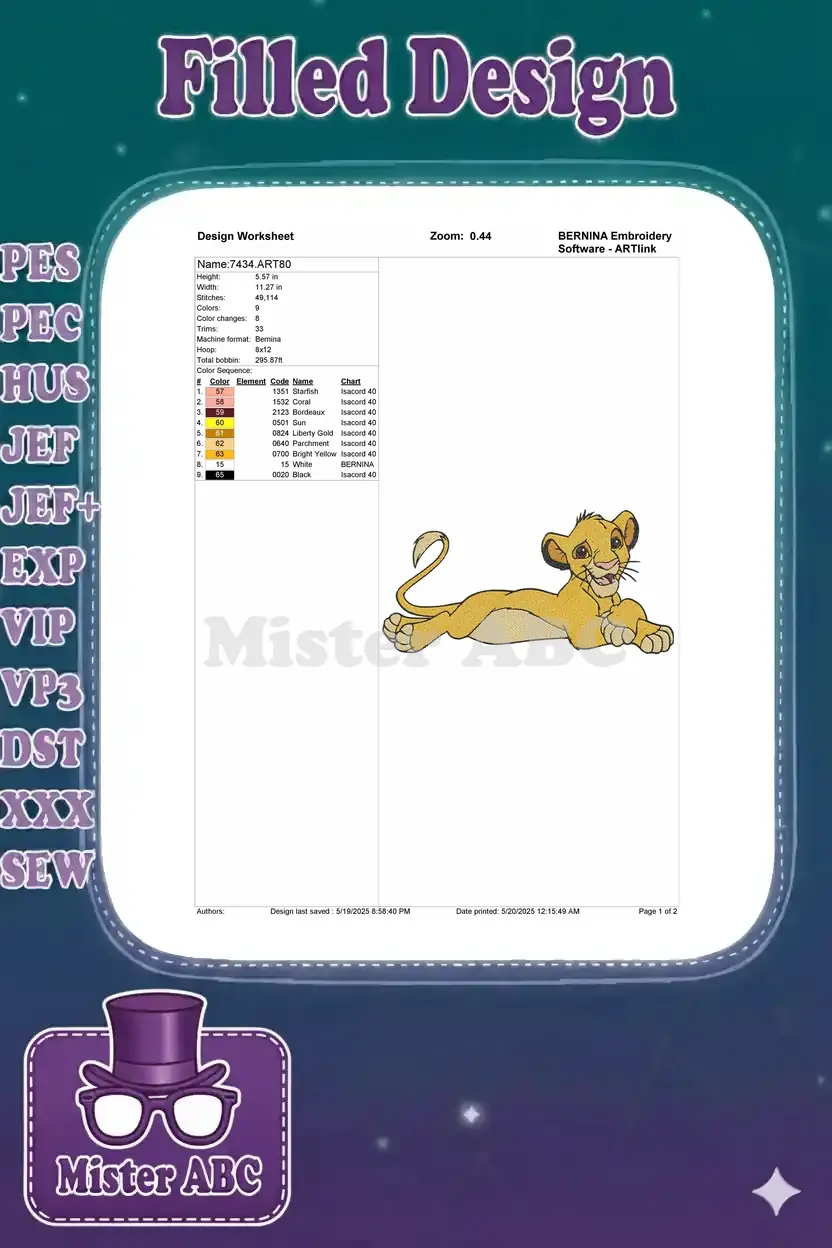 Embroidery design worksheet for Simba, detailing dimensions, stitch count, color chart, and thread information.