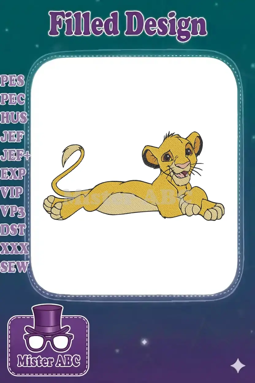 Vibrant embroidery design of Simba, the cheerful lion cub from Disney's The Lion King, lying down playfully.