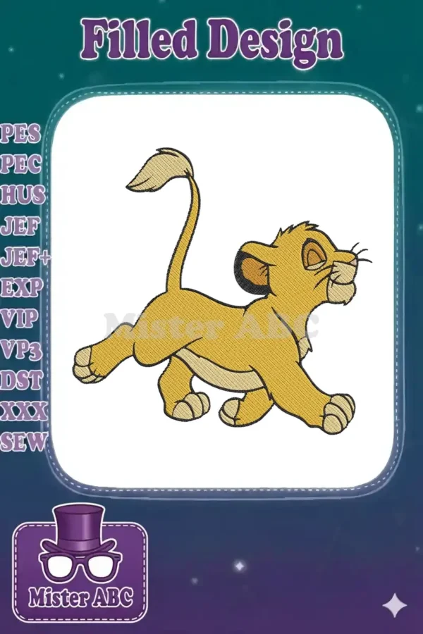 Full-color embroidery design of a playful young Simba from Disney's The Lion King, in a running pose, on a white background.