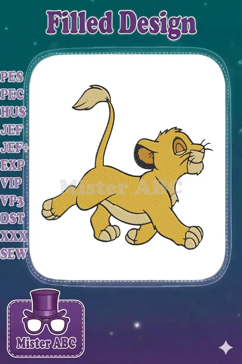 Full-color embroidery design of a playful young Simba from Disney's The Lion King, in a running pose, on a white background.