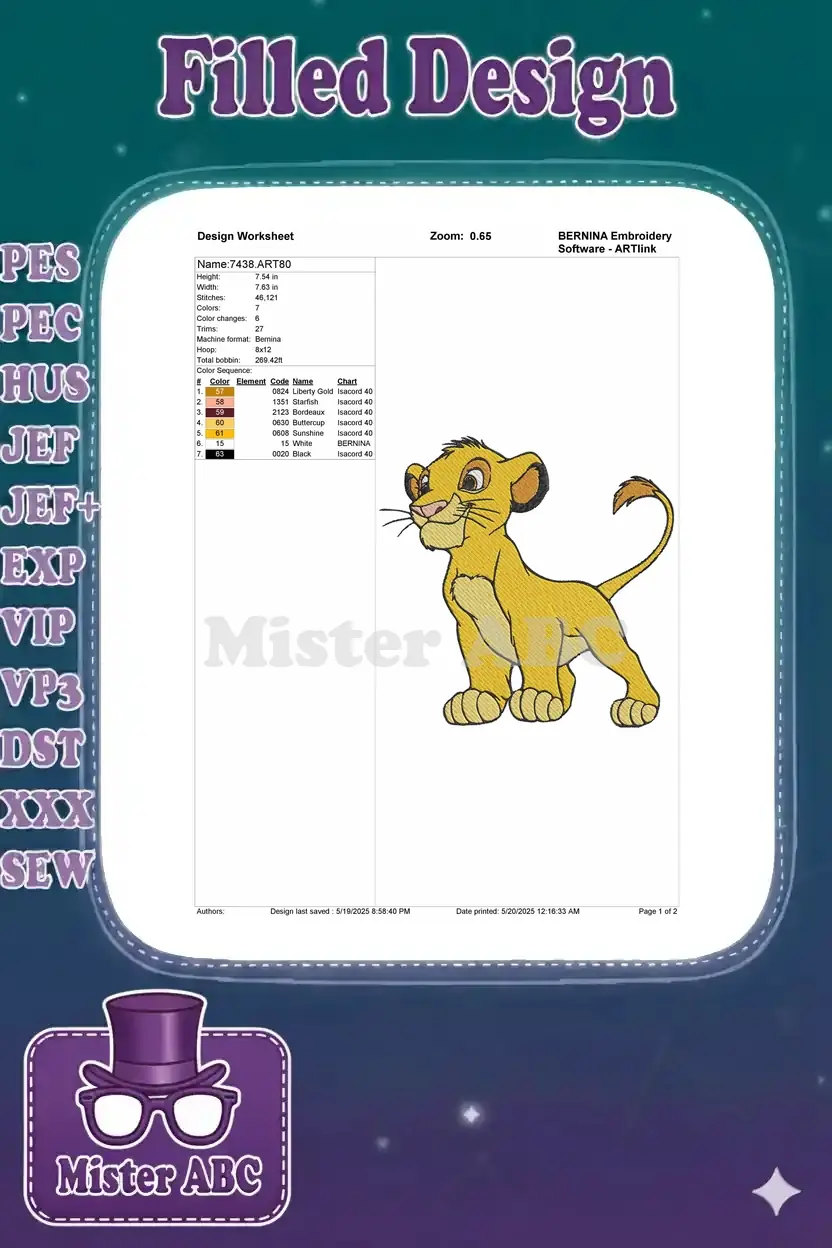 An embroidery design worksheet for Simba, detailing dimensions, stitch count, color sequence, and machine compatibility.
