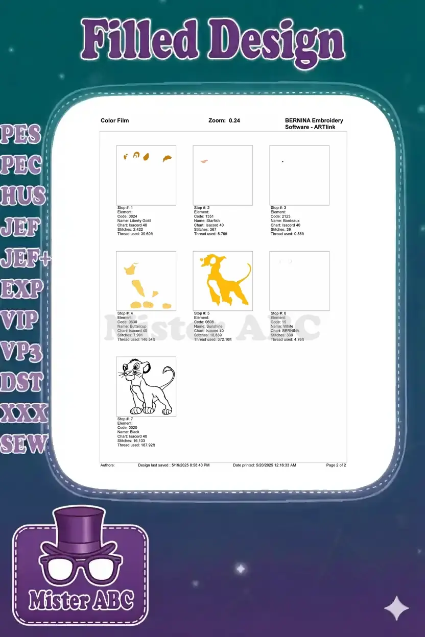 A color film breakdown showing the stitching sequence for the Young Simba embroidery design, layer by layer.