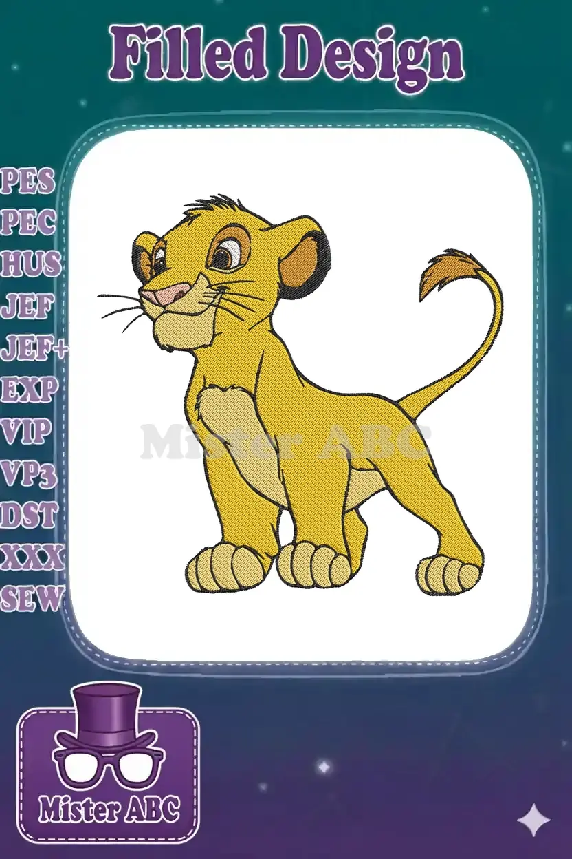 Vibrant embroidery of Young Simba from Disney's The Lion King, standing confidently, showcasing detailed stitching.