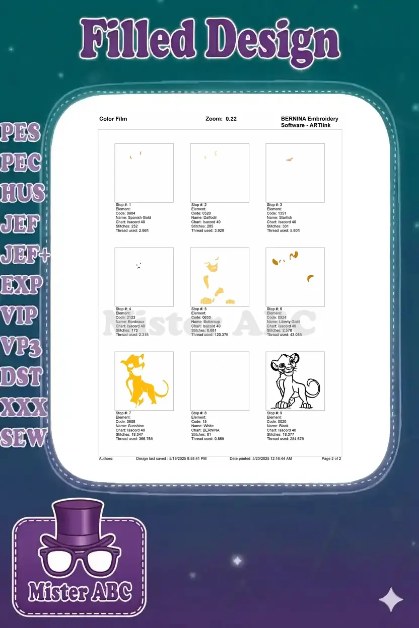 A color film breakdown showing the nine-stop stitch sequence for the young Simba embroidery design, color by color.