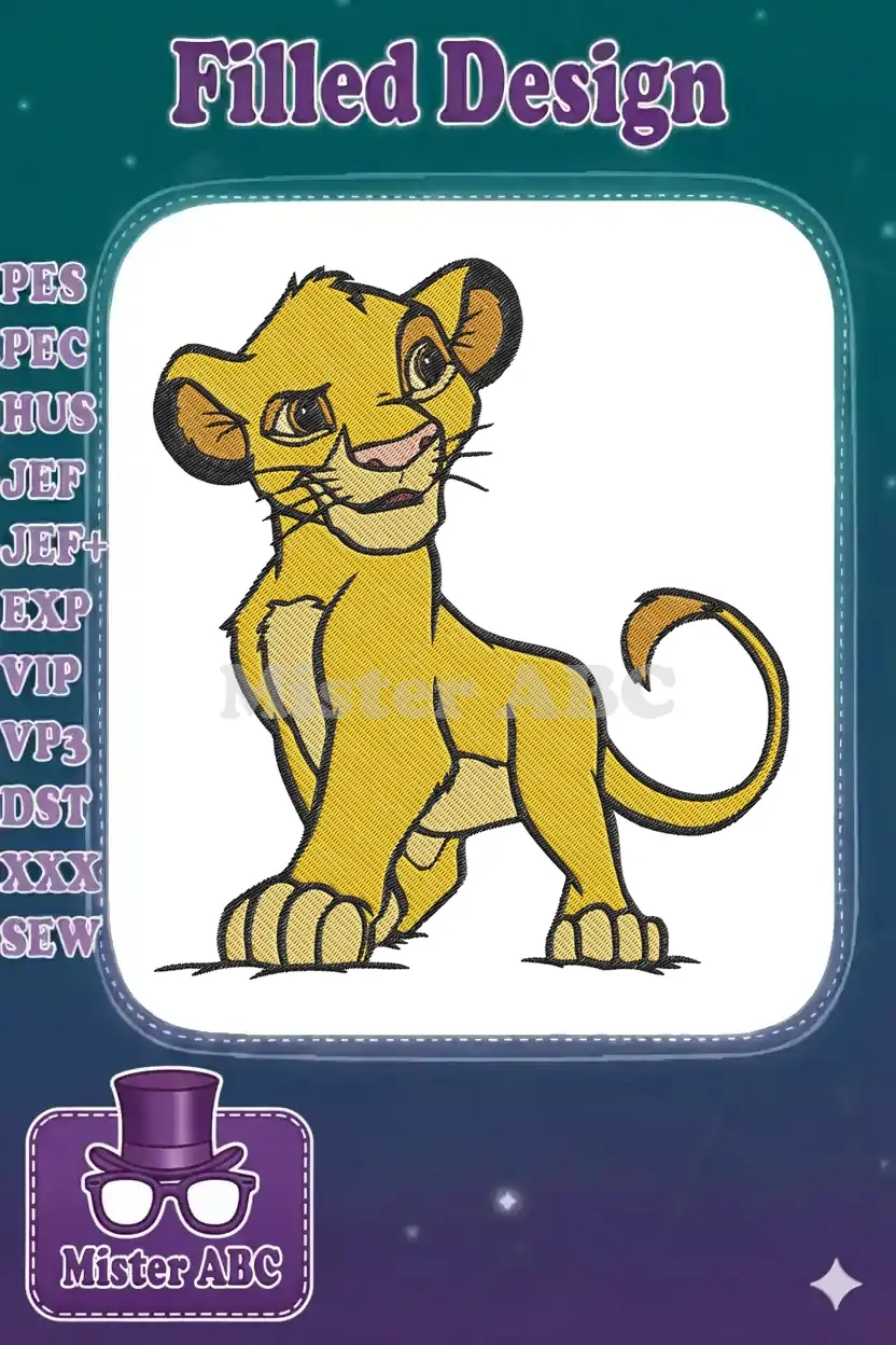 A full-color, detailed embroidery design of young Simba from Disney's The Lion King, looking curious and playful.