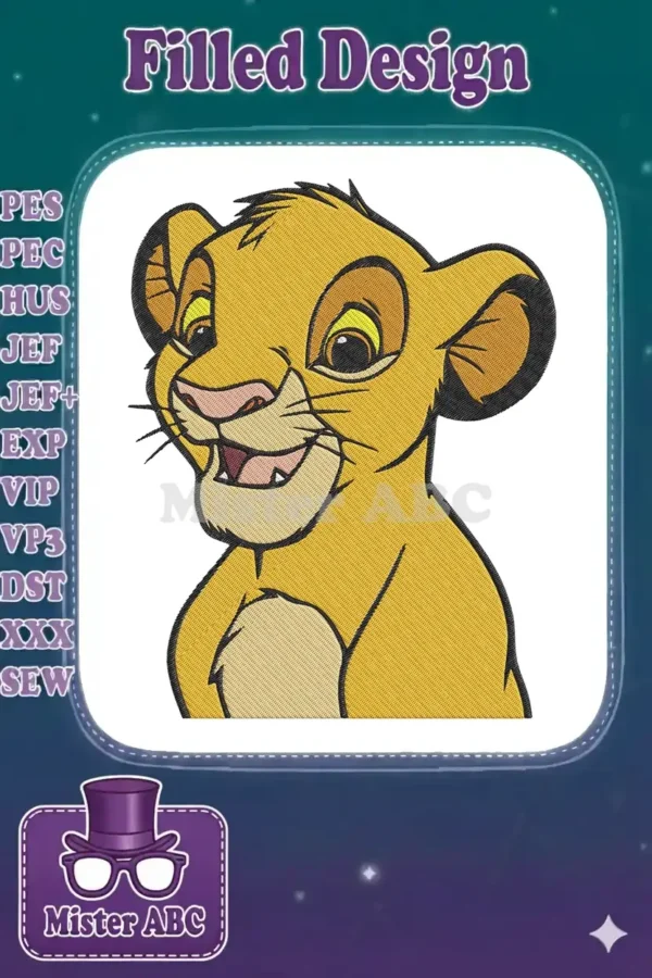 Close-up embroidery of young Simba from The Lion King, featuring vibrant yellow, orange, and black stitching.