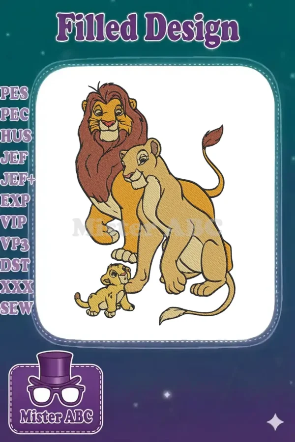 Embroidery design featuring Mufasa, Nala, and young Simba from Disney's Lion King, showcasing family and adventure.