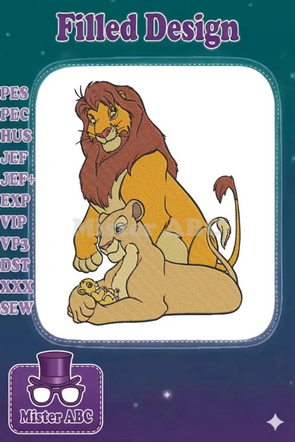 Mufasa, Sarabi, and baby Simba from Disney's The Lion King, depicted in a detailed machine embroidery design.