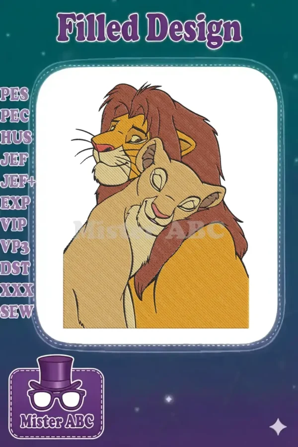 Simba and Nala embroidery design showing the beloved lion king and queen in a tender, affectionate embrace.