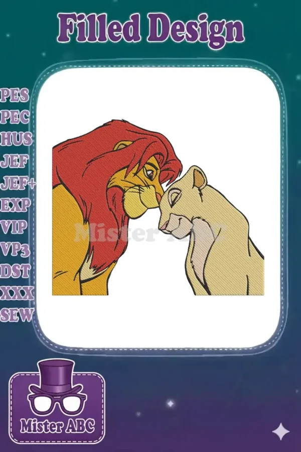 Close-up embroidery of Simba and Nala from The Lion King, facing each other with tender expressions, vibrant details.