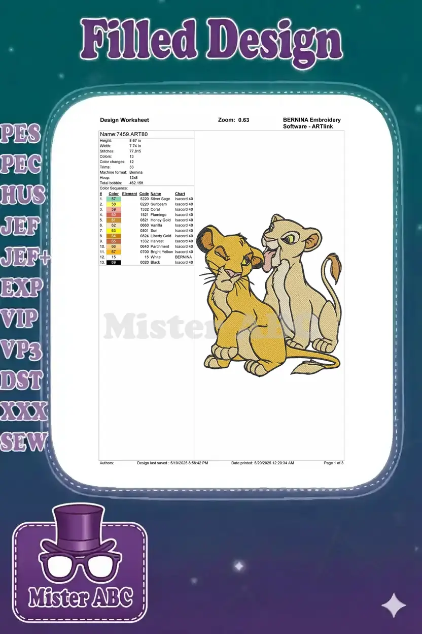 BERNINA embroidery design worksheet for 7459.ART80, detailing dimensions, stitch count, and color sequence.