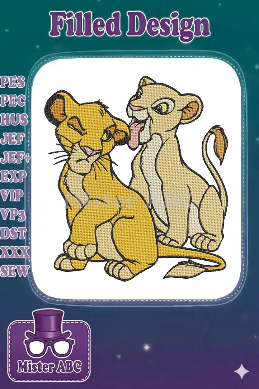 Adorable embroidery of young Simba and Nala from The Lion King, showing their playful interaction and detailed stitching.
