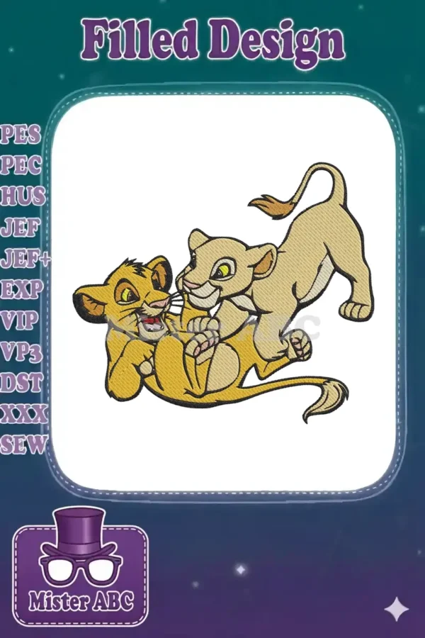 Embroidered design of young Simba and Nala from The Lion King, playfully wrestling with joyful expressions.