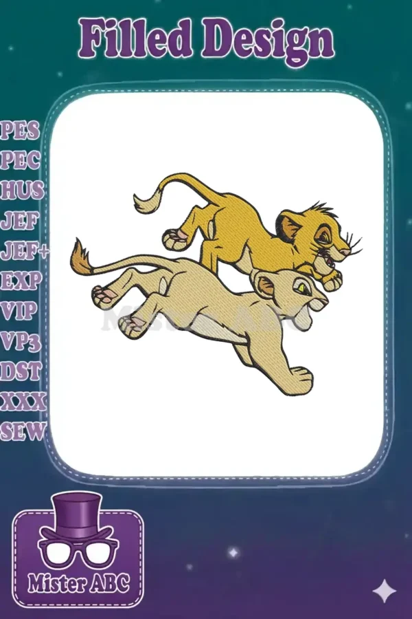 Vibrant embroidery design featuring young Simba and Nala from The Lion King, captured mid-run with playful energy.