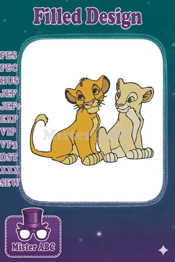 Captivating embroidery design of young Simba and Nala, the beloved Lion King characters, sitting side-by-side.