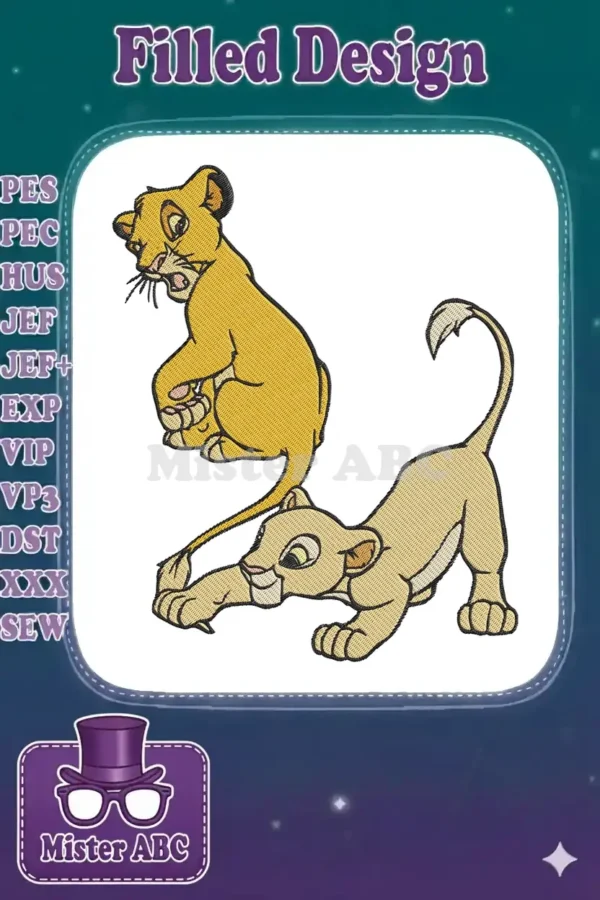 Embroidery design featuring young Simba roaring playfully and Nala stretching gracefully, capturing their iconic poses and vibrant colors.