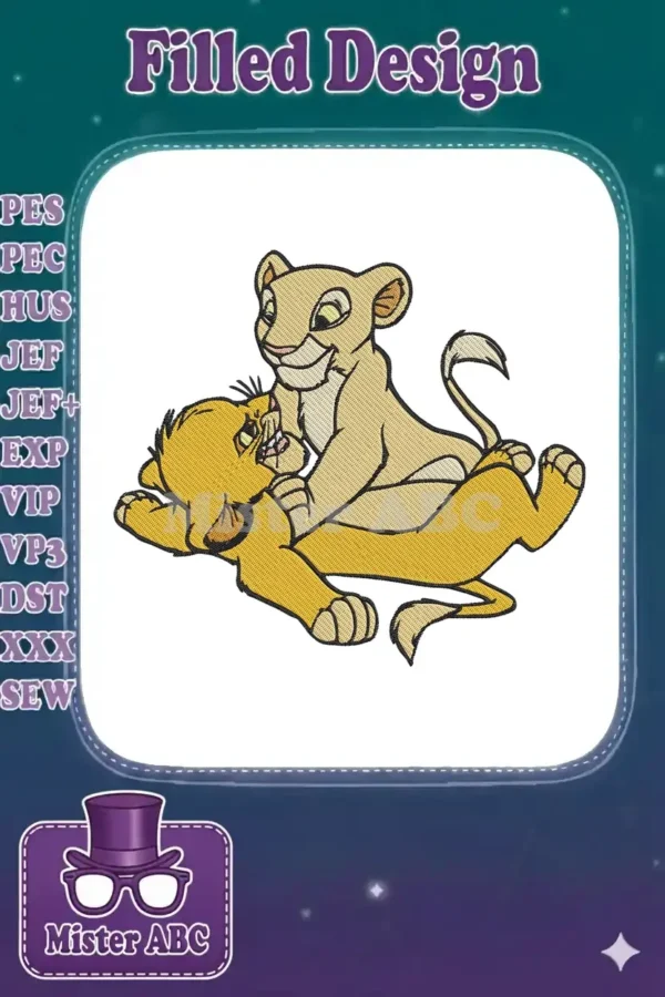 Vibrant embroidery design featuring young Simba and Nala from The Lion King, playfully wrestling on a white background.