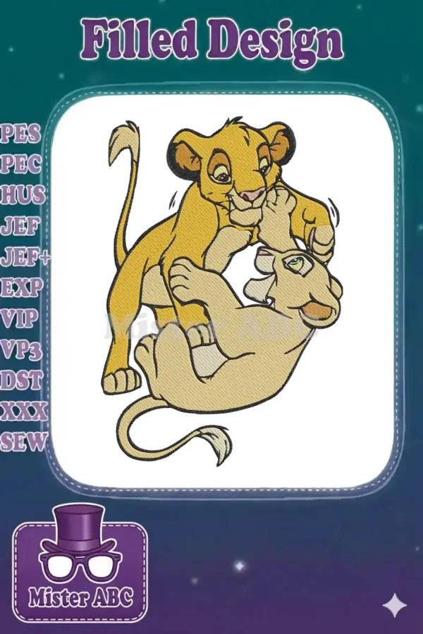 Vibrant embroidery design featuring two playful lion cubs, Simba and Nala, wrestling on a white background.