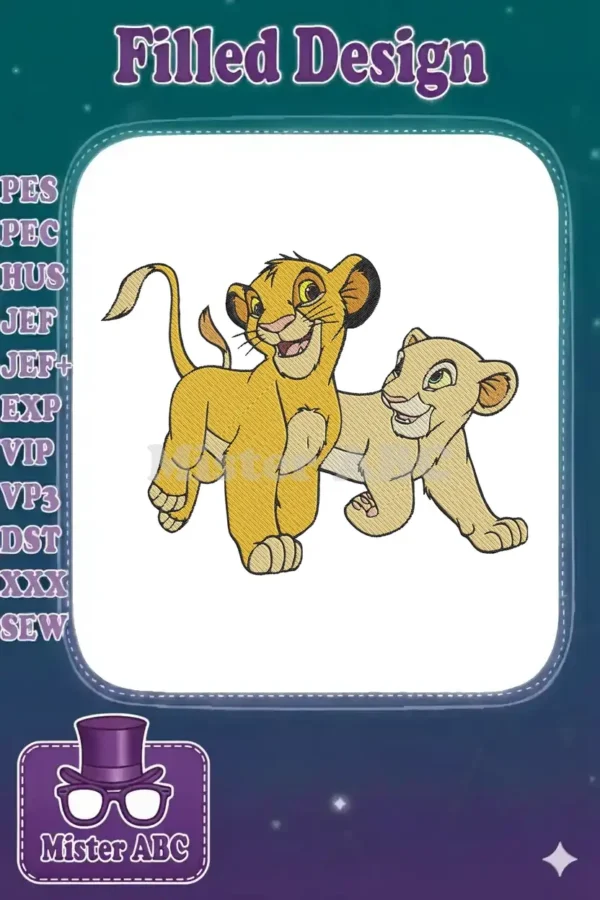 Playful embroidery of young Simba and Nala from The Lion King, showcasing their friendship and adventure.