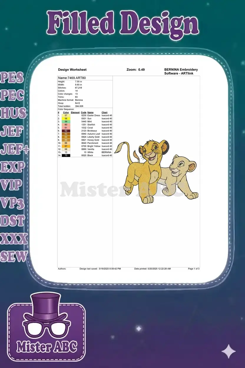 Detailed embroidery design worksheet for Simba and Nala, showing specifications, colors, and stitch count.