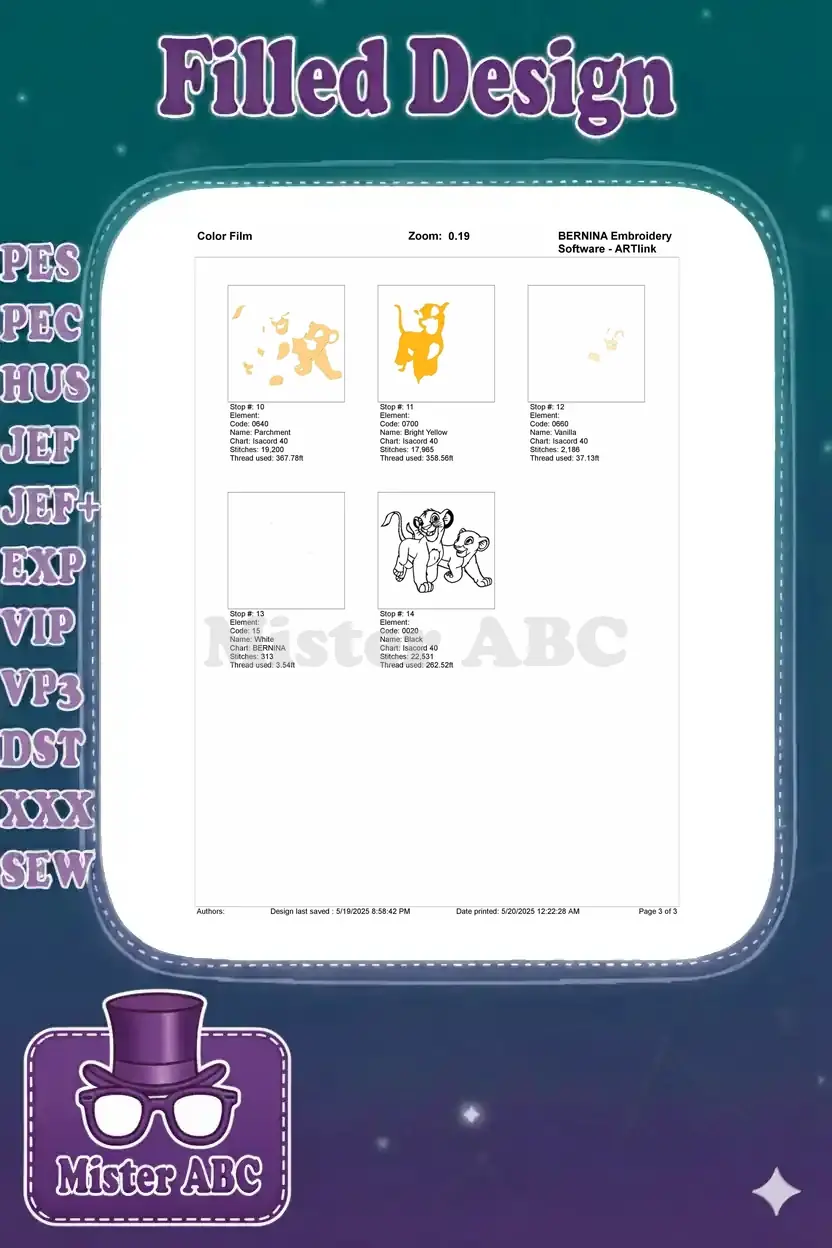 Second part of the color film detailing the later stitch-out sequence for the Simba and Nala embroidery.