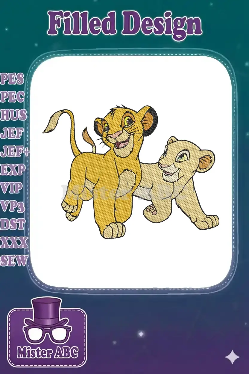 Playful embroidery of young Simba and Nala from The Lion King, showcasing their friendship and adventure.