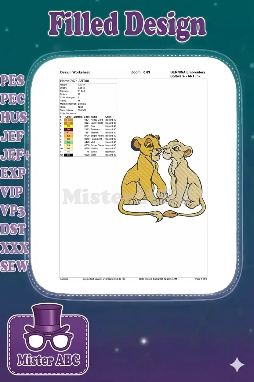 BERNINA embroidery design worksheet for Simba and Nala, showing dimensions, stitch count, and color chart.
