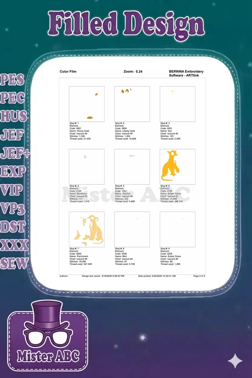 First page of the color film showing the embroidery sequence, breaking down the design by individual color stops.