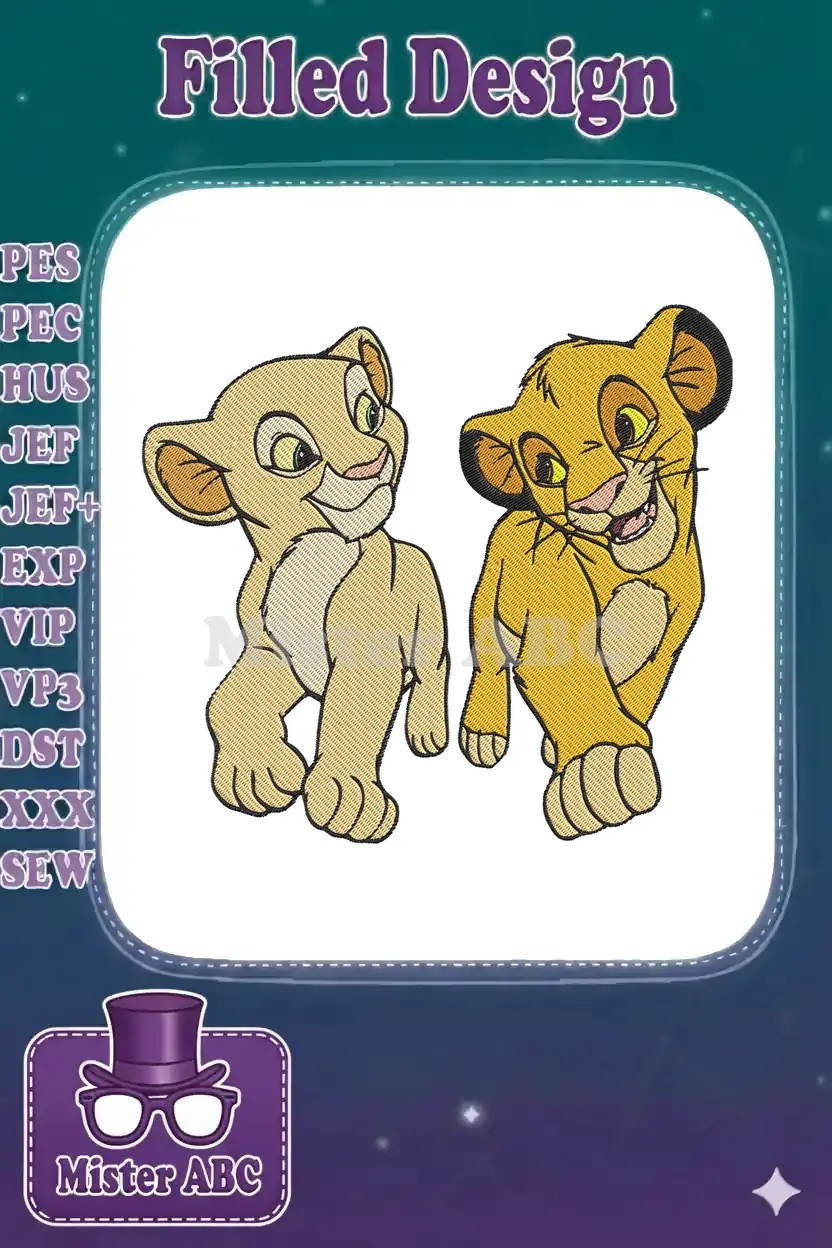 Two cheerful lion cubs, Simba and Nala, from Disney's The Lion King, in a vibrant embroidery design.
