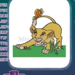 Adorable cartoon lion cub playing with butterfly on tail embroidery designs - Instant Download
