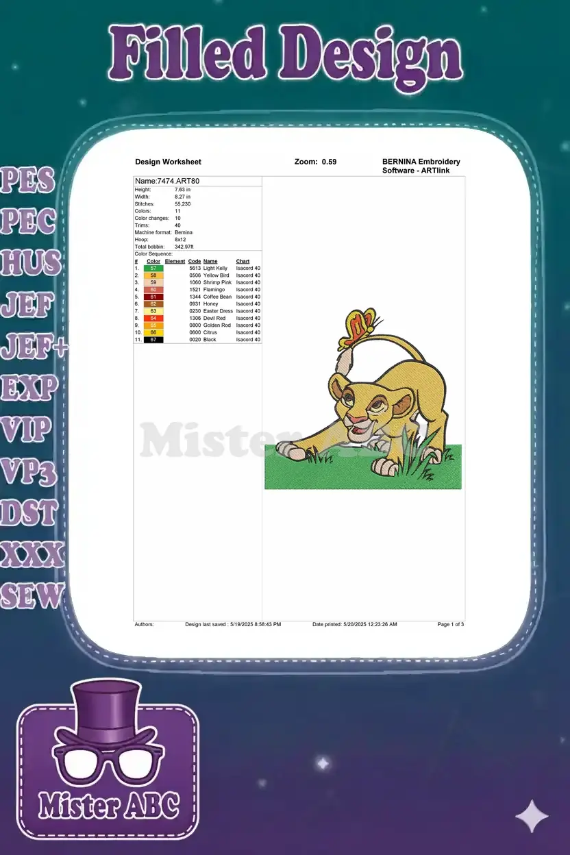 A detailed design worksheet for the Nala lion cub embroidery, showing dimensions, stitch count, and color chart.