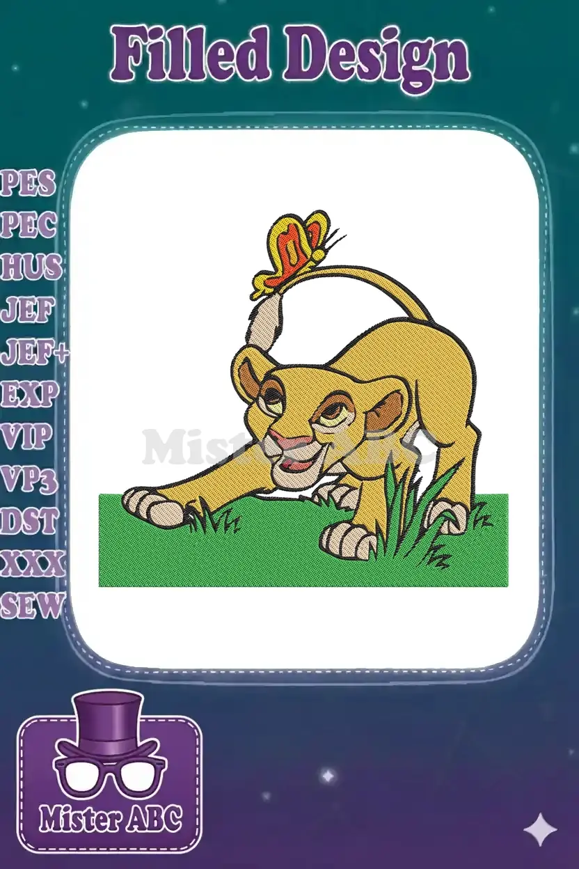 A vibrant embroidery design of a playful Nala, the young lion cub, reaching for a colorful butterfly on her tail.